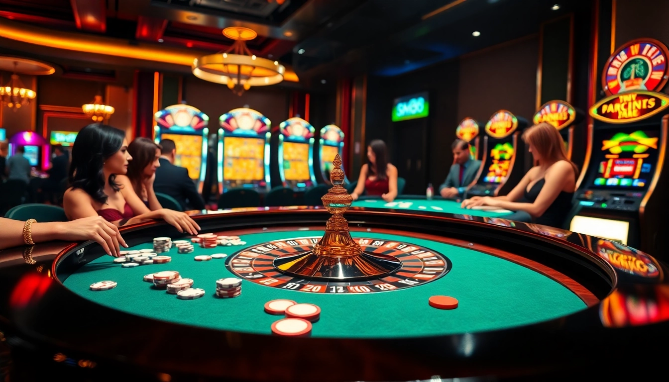 Players at a vibrant sn88 casino table enjoying roulette with colorful chips.