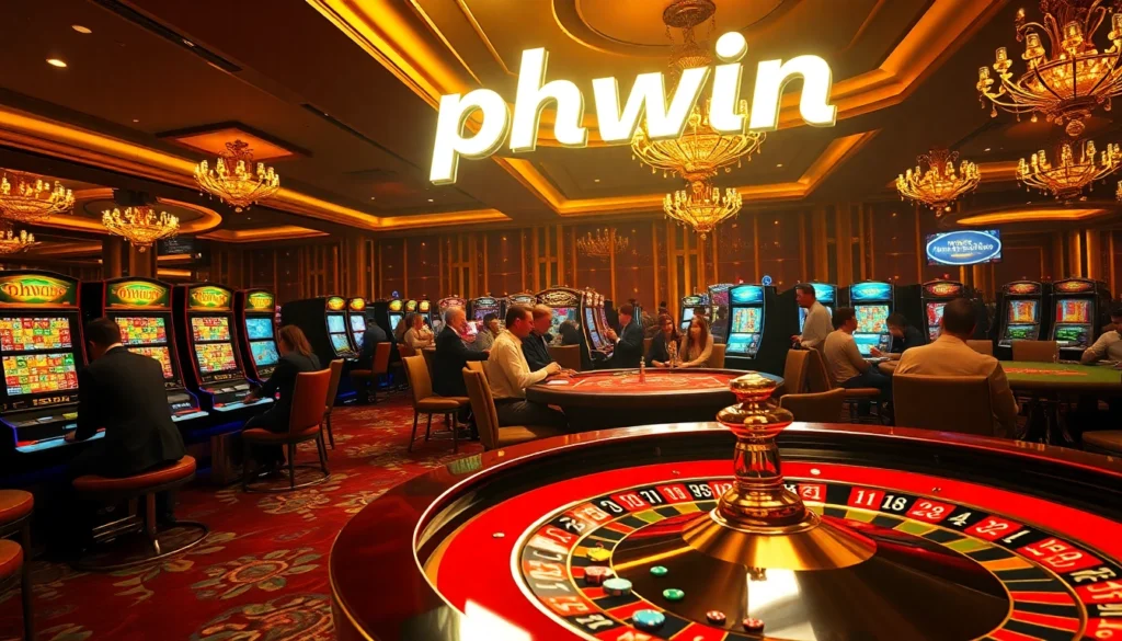 Exciting scene in a luxury casino featuring PHWIN players at poker and slot machines.