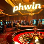 Exciting scene in a luxury casino featuring PHWIN players at poker and slot machines.