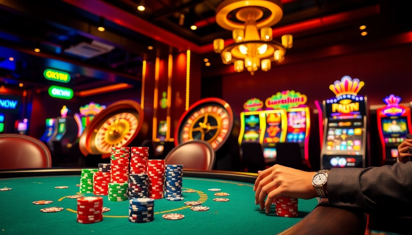 Explore thrilling poker action at a casino table with players and chips at https://okwin.ae.org/ for an unforgettable experience.