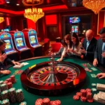Engage with thrilling l444 gaming at a luxurious casino featuring roulette, poker chips, and slot machines.
