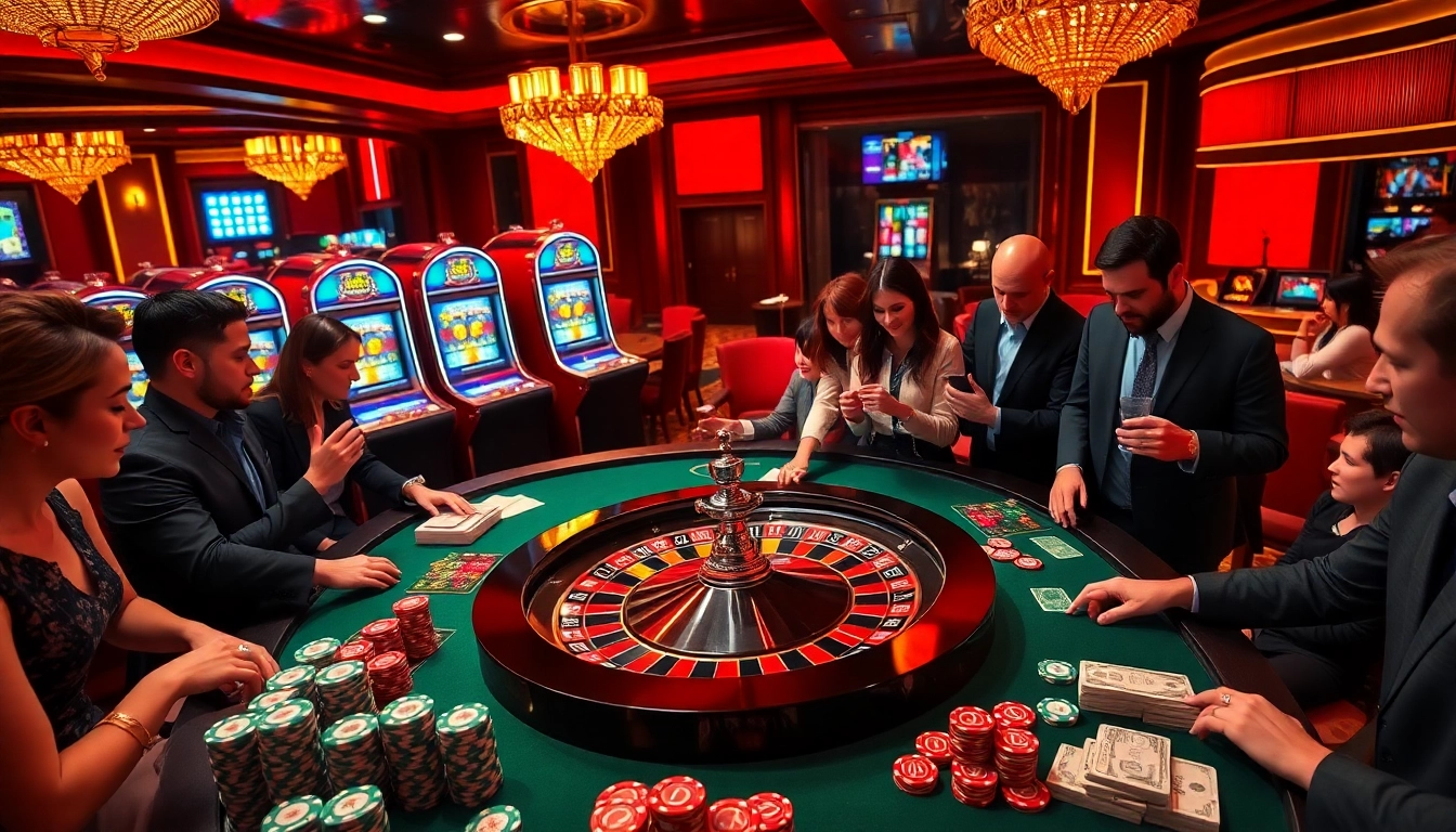 Engage with thrilling l444 gaming at a luxurious casino featuring roulette, poker chips, and slot machines.