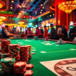 Go8 poker chips stacked high on the gaming table, signifying high stakes.