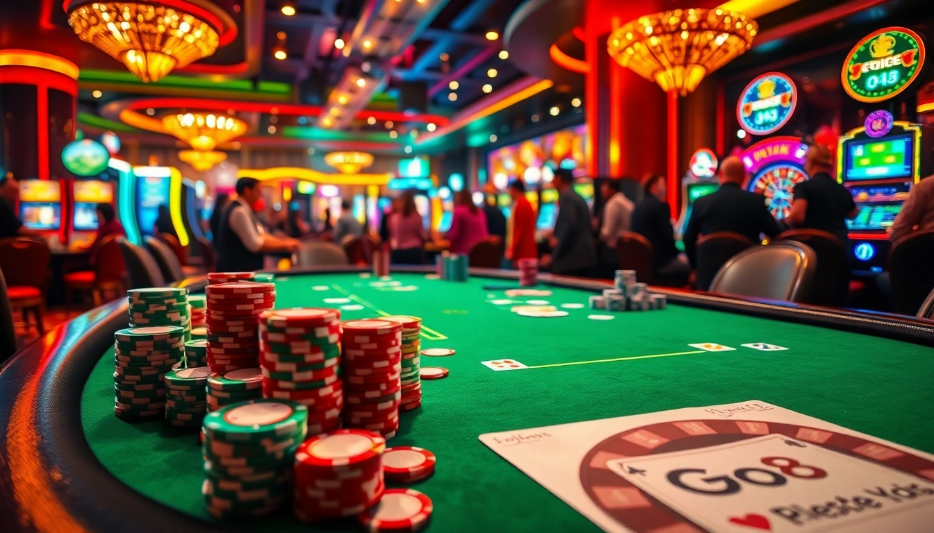 Go8 poker chips stacked high on the gaming table, signifying high stakes.