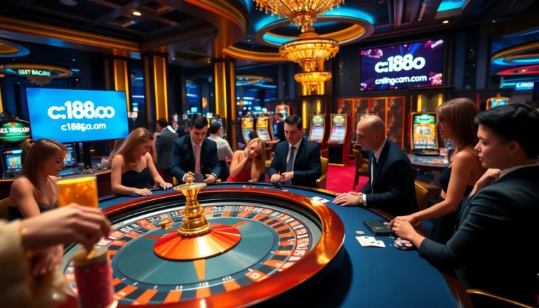 Experience the thrill at c168.com as players engage in a high-stakes casino game, surrounded by vibrant slot machines.