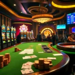 Exciting casino scene featuring players at poker tables and slot machines, with 9phabc representing thrilling online betting.