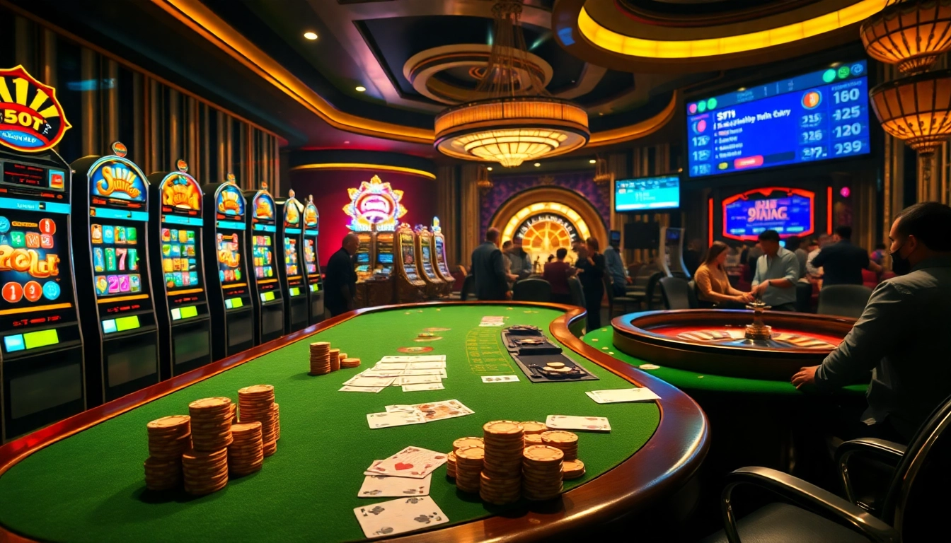 Exciting casino scene featuring players at poker tables and slot machines, with 9phabc representing thrilling online betting.