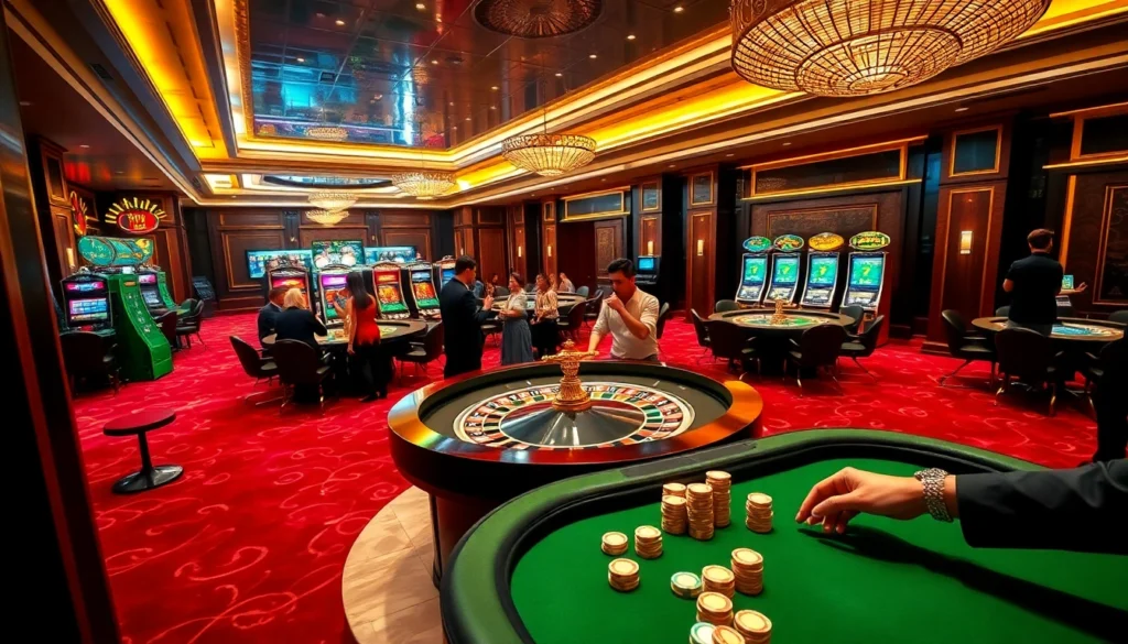 Experience the excitement of Trang chủ New88 with players at a vibrant casino roulette table, surrounded by poker chips and slot machines.