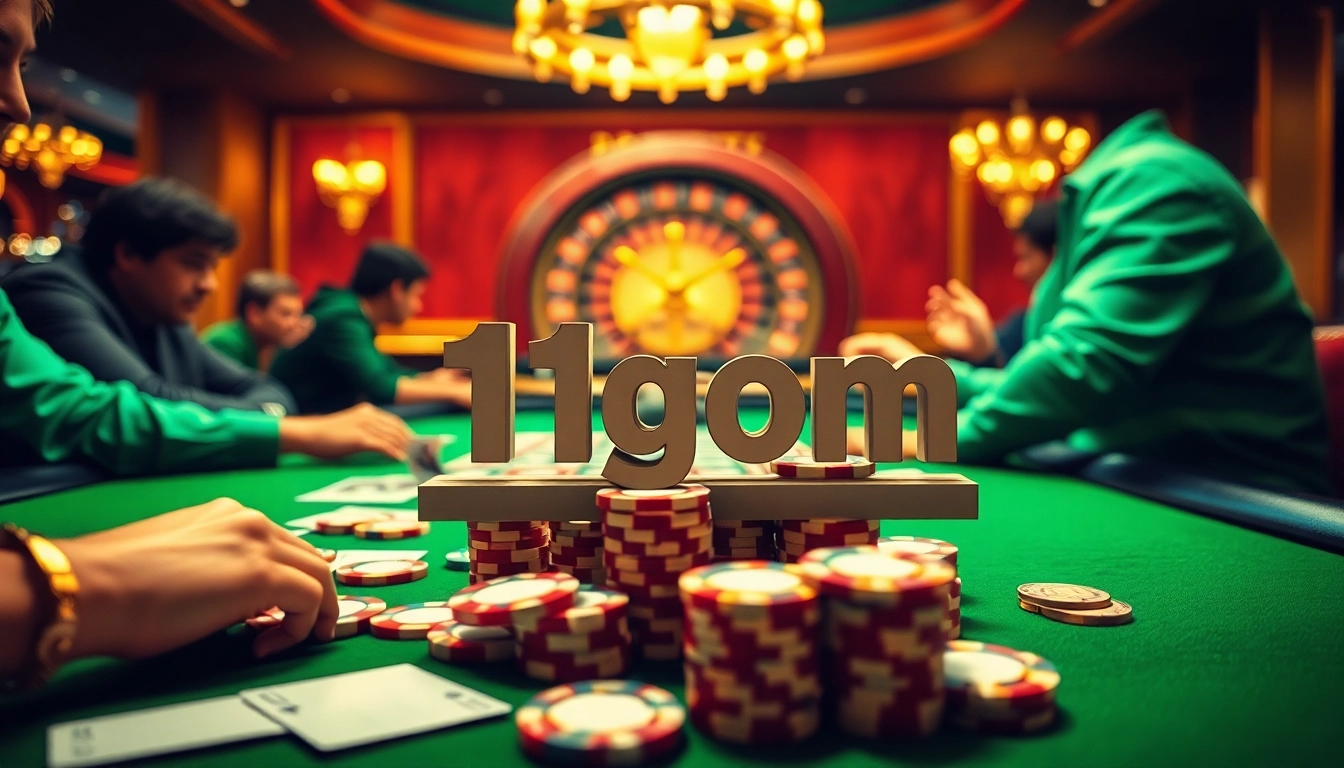At a lively blackjack table, players embrace thrilling action in the vibrant casino with '1gom' prominently featured.