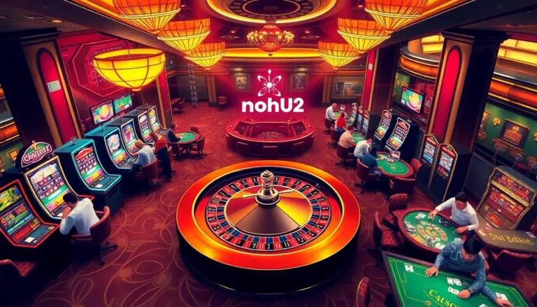Nohu52 offers a thrilling casino experience with lively players engaging at the roulette wheel under dazzling lights.