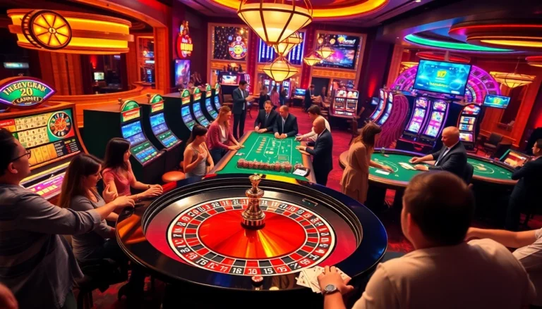 Exciting casino atmosphere at nohu52 featuring roulette, poker tables, and vibrant slot machines.