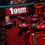 1gom Casino with a vibrant poker table and spinning roulette wheel, capturing the thrill of gambling.
