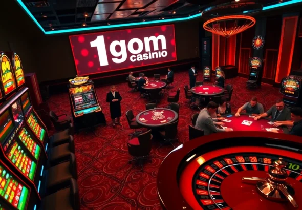1gom Casino with a vibrant poker table and spinning roulette wheel, capturing the thrill of gambling.