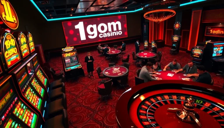 1gom Casino with a vibrant poker table and spinning roulette wheel, capturing the thrill of gambling.