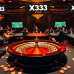 Exciting casino scene showcasing players at a roulette table, with X333 betting slips visible, highlighting the thrill of gambling.