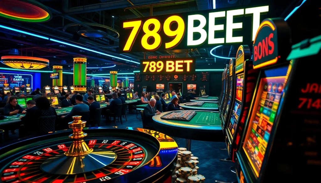 789BET features a vibrant casino scene with players at roulette tables and chaotic chip stacks.