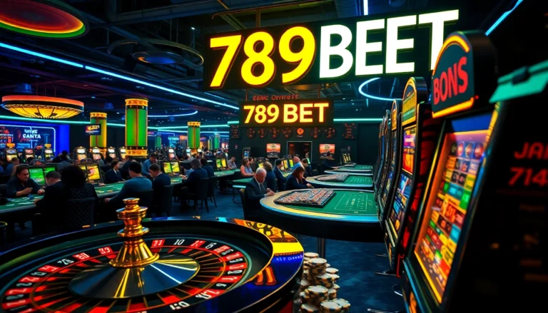 789BET features a vibrant casino scene with players at roulette tables and chaotic chip stacks.