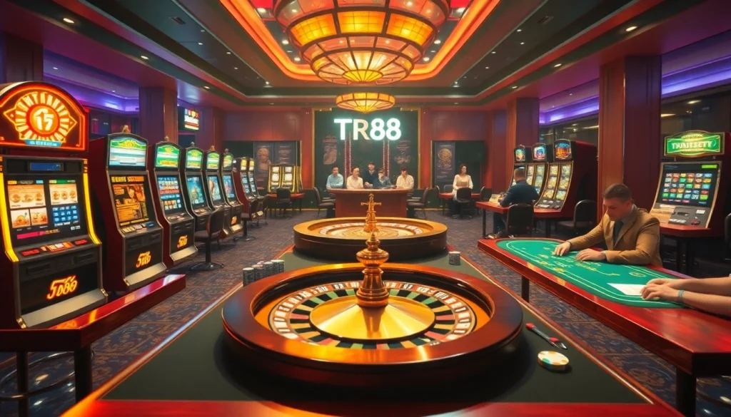 tr88 slot machines and poker tables create a vibrant game atmosphere in a modern casino setting.