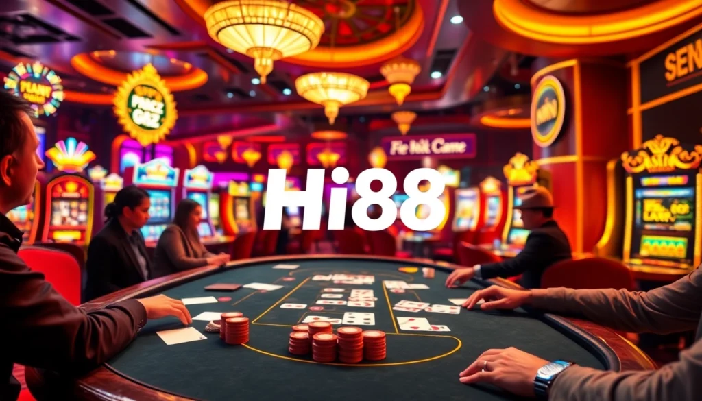 Hi88 logo displayed prominently at a bustling blackjack table in a vibrant casino setting filled with excitement.