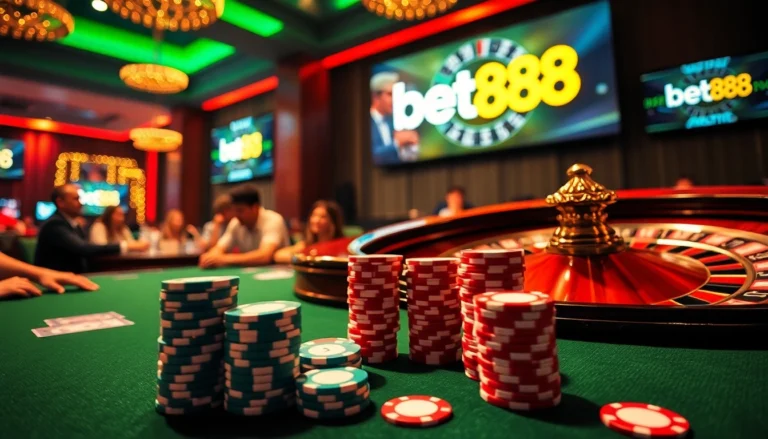Engage in the thrilling poker action at bet888 as players strategize their next move amidst vibrant casino atmosphere.